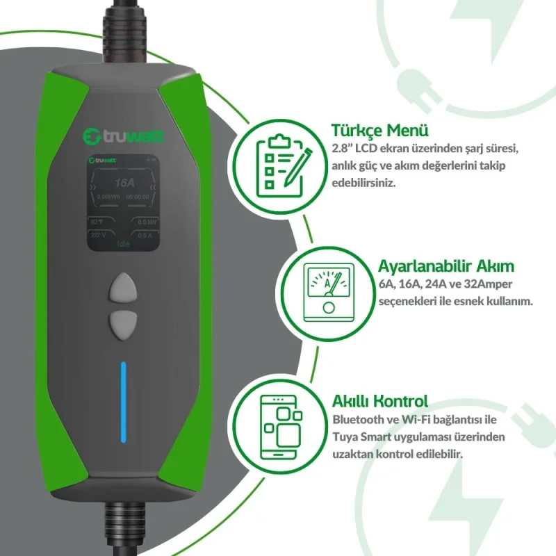 TRUWATT 7kW 32A Monofaz Tip-2 Elektrikli Araç Şarj Cihazı