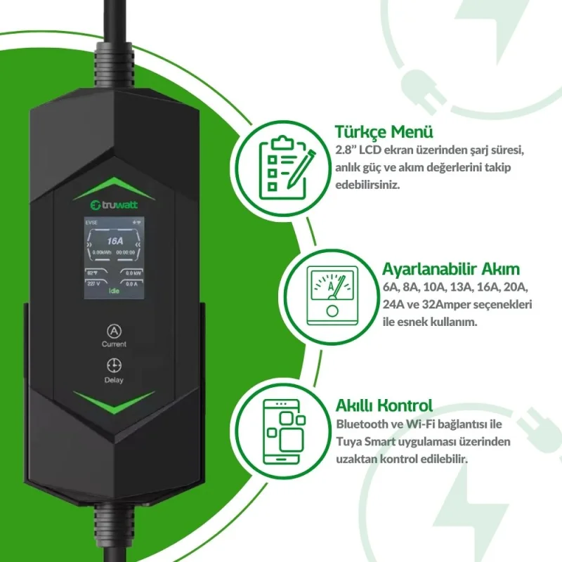 TRUWATT 22kW 32A Trifaz Tip-2 Taşınabilir Elektrikli Araç Şarj Cihazı