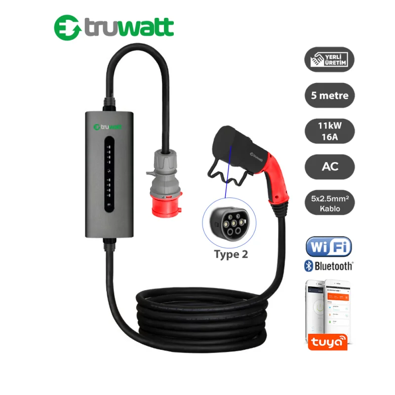 TRUWATT 11kW 16A Trifaz Tip-2 Taşınabilir Elektrikli Araç Şarj Cihazı