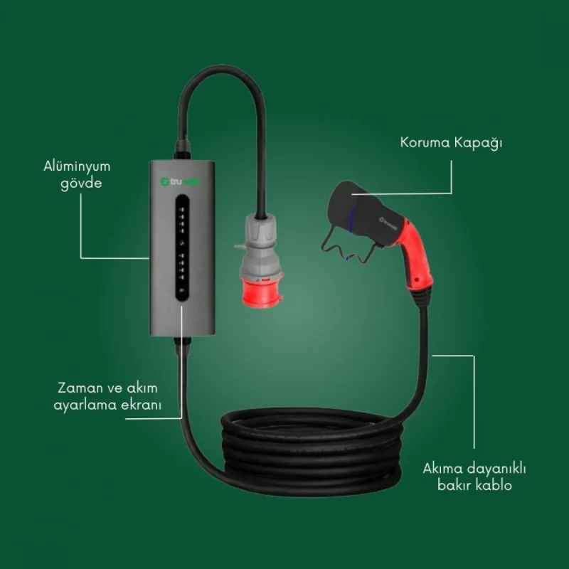 TRUWATT 11kW 16A Trifaz Tip-2 Taşınabilir Elektrikli Araç Şarj Cihazı