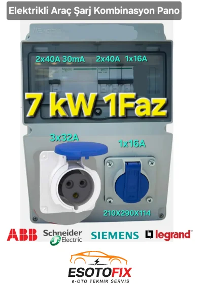 Elektrikli Araç Kombinasyon Panosu 7kW Monofaz